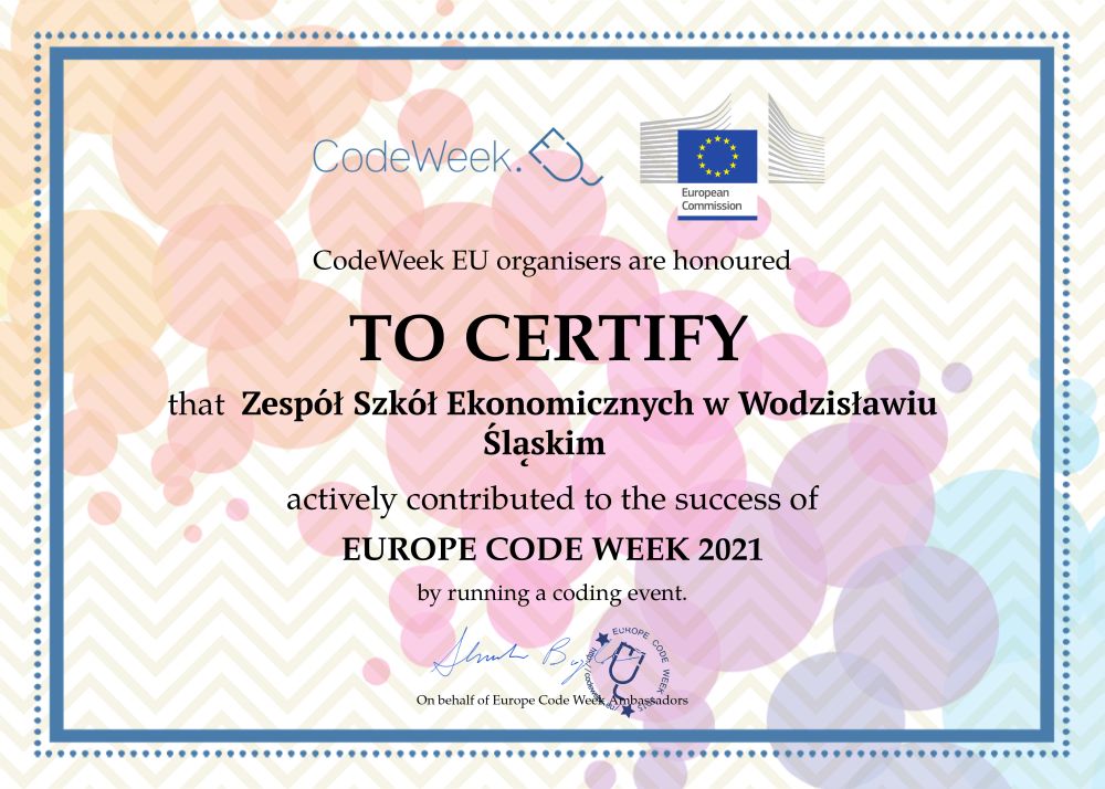 Certyfikat dla ZSE za zorganizowanie Code WEEK 2021